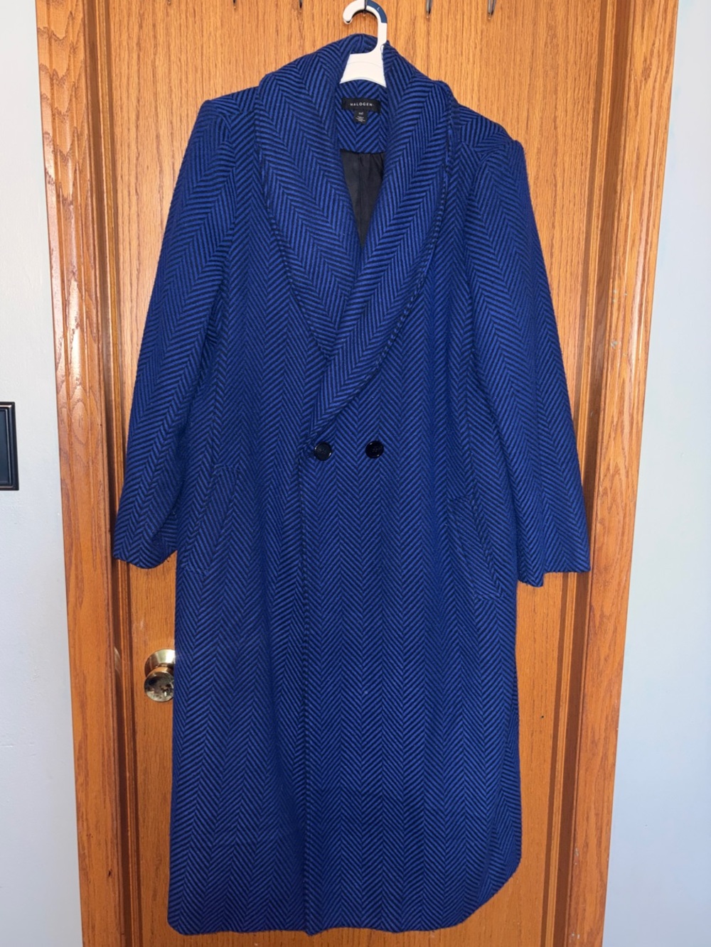 Halogen Cobalt Blue Herringbone Double-Breasted Long Coat